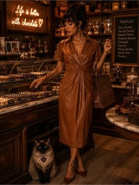 NWT NINE WEST Maple Cognac Brown Faux Leather Wrap Dress Sz.XS
